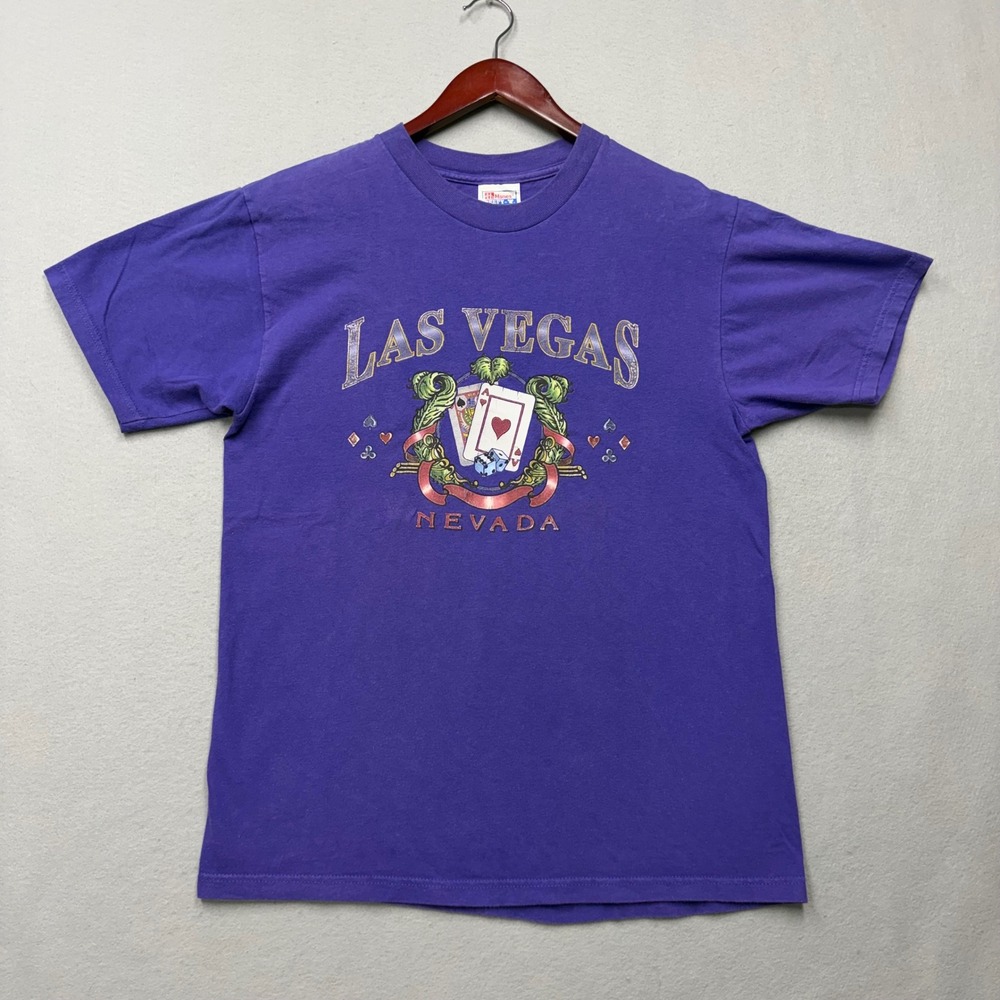 Hanes T-Shirt Mens Medium Purple Las Vegas Nevada Beefy-T Graphic Y2K Souvenir